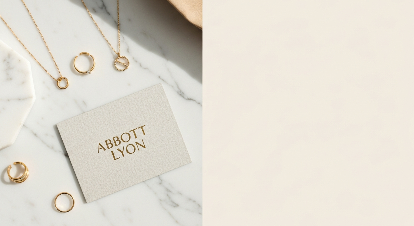 Flat-lay of elegant jewellery on marble with a branded card, warm neutral tones and gold accents.