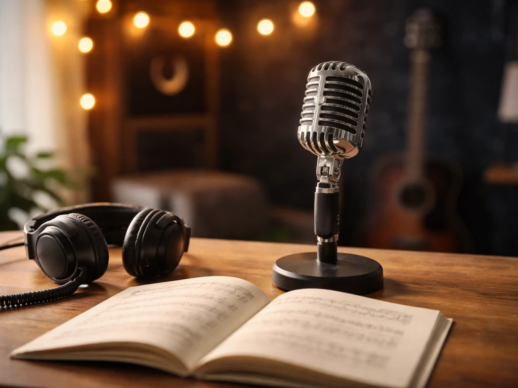 Minimal music studio desk with microphone and headphones, symbolizing an Andy Fraser connected to Free/music.