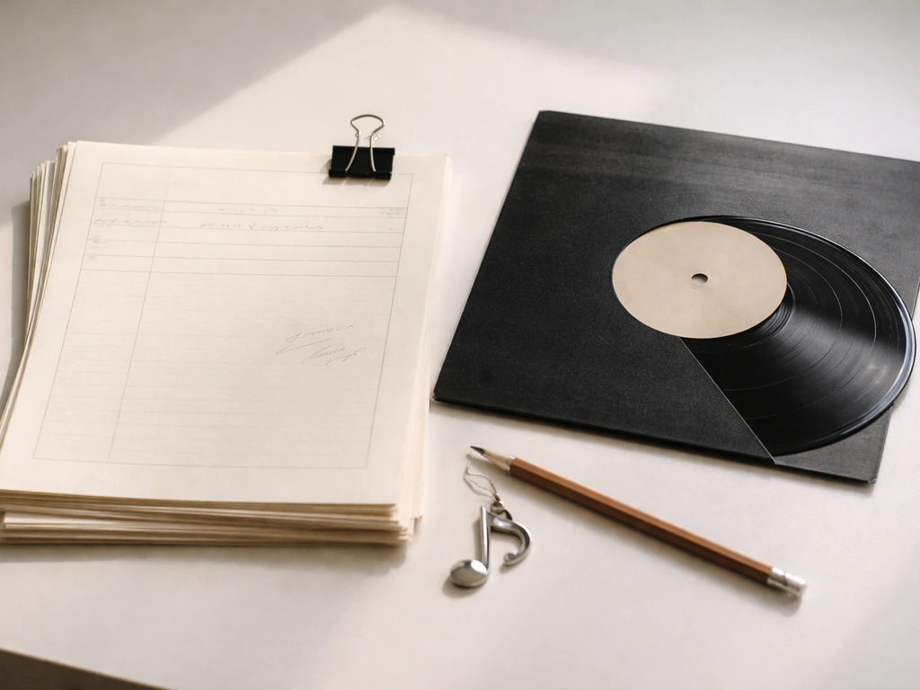 Closeup of a music royalty record sheet and a vinyl sleeve suggesting songwriting income from a famous song.