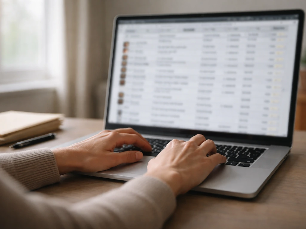 Hands using a laptop to search a music-rights database view on a blurred screen.