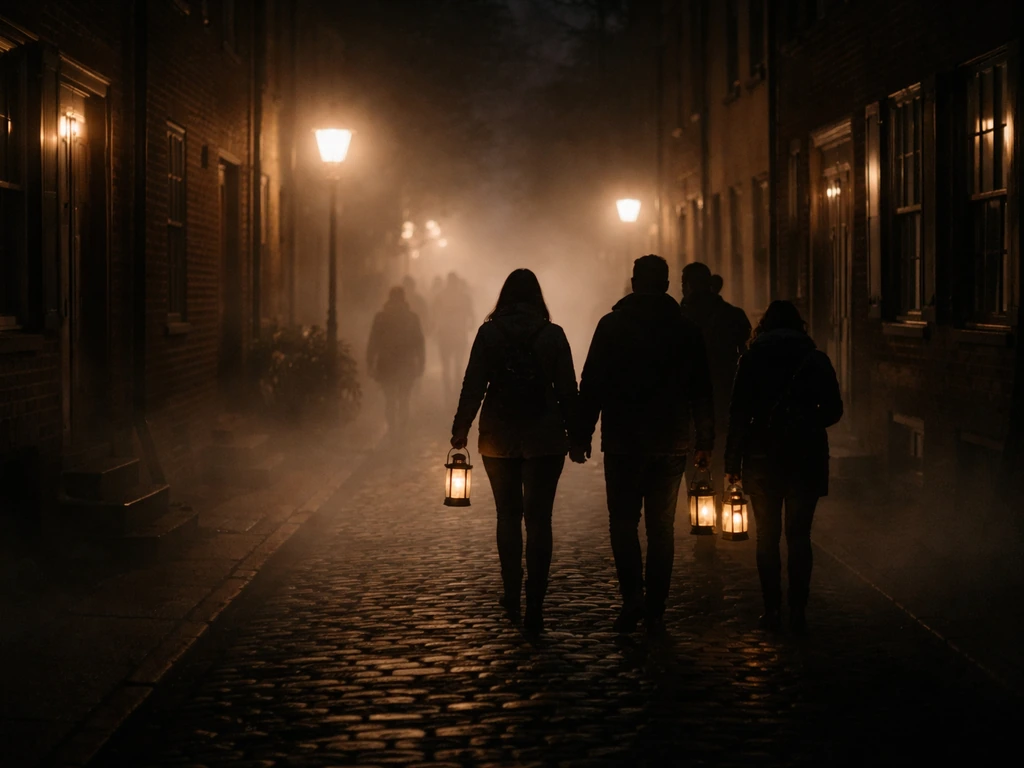 Eerie nighttime historic street with fog and anonymous ghost-walk group holding lanterns.