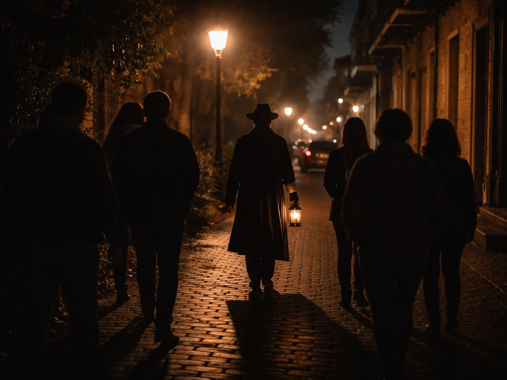 Nighttime ghost tour on a quiet American street under warm streetlamp light