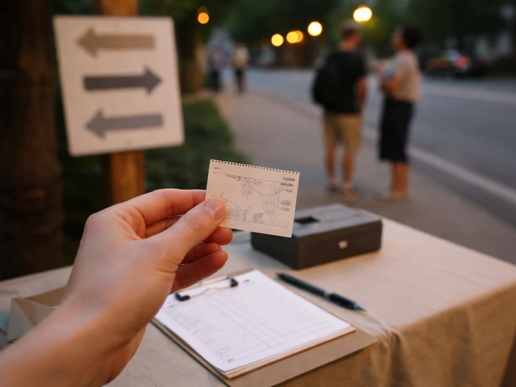 Hand holding a walking tour ticket while a check-in desk and route sign sit in the background.