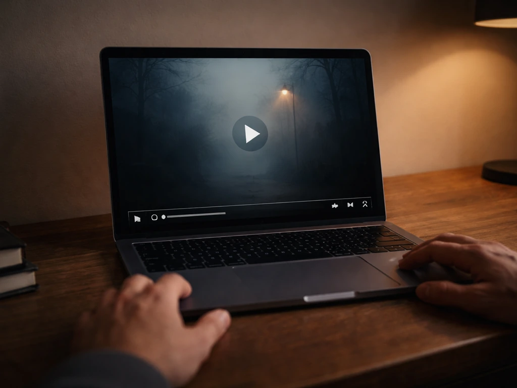 Laptop on a desk with a generic spooky video thumbnail playing, suggesting YouTube-based income diversification.