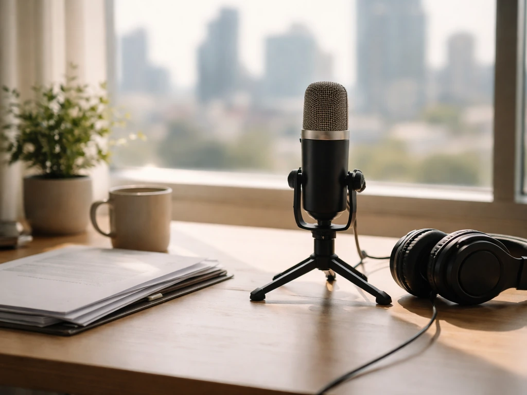 Minimal studio desk scene with a microphone and soft city light, symbolizing an actor’s career and earnings