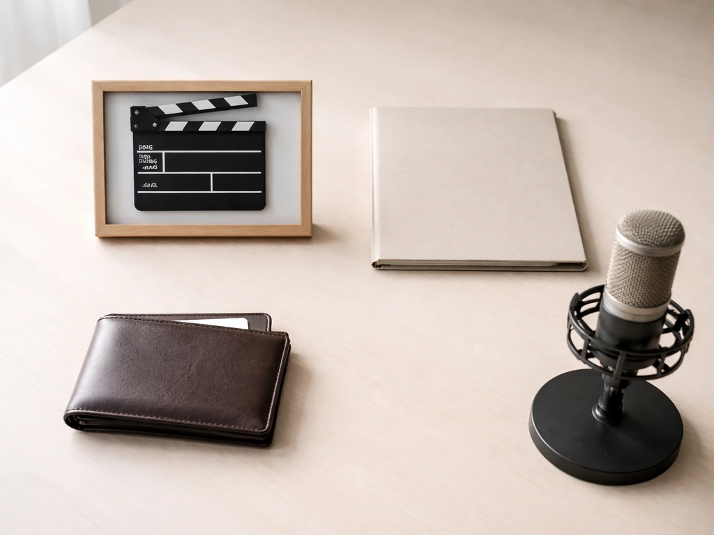 Four money-related studio and business items on a desk, symbolizing multiple income streams.