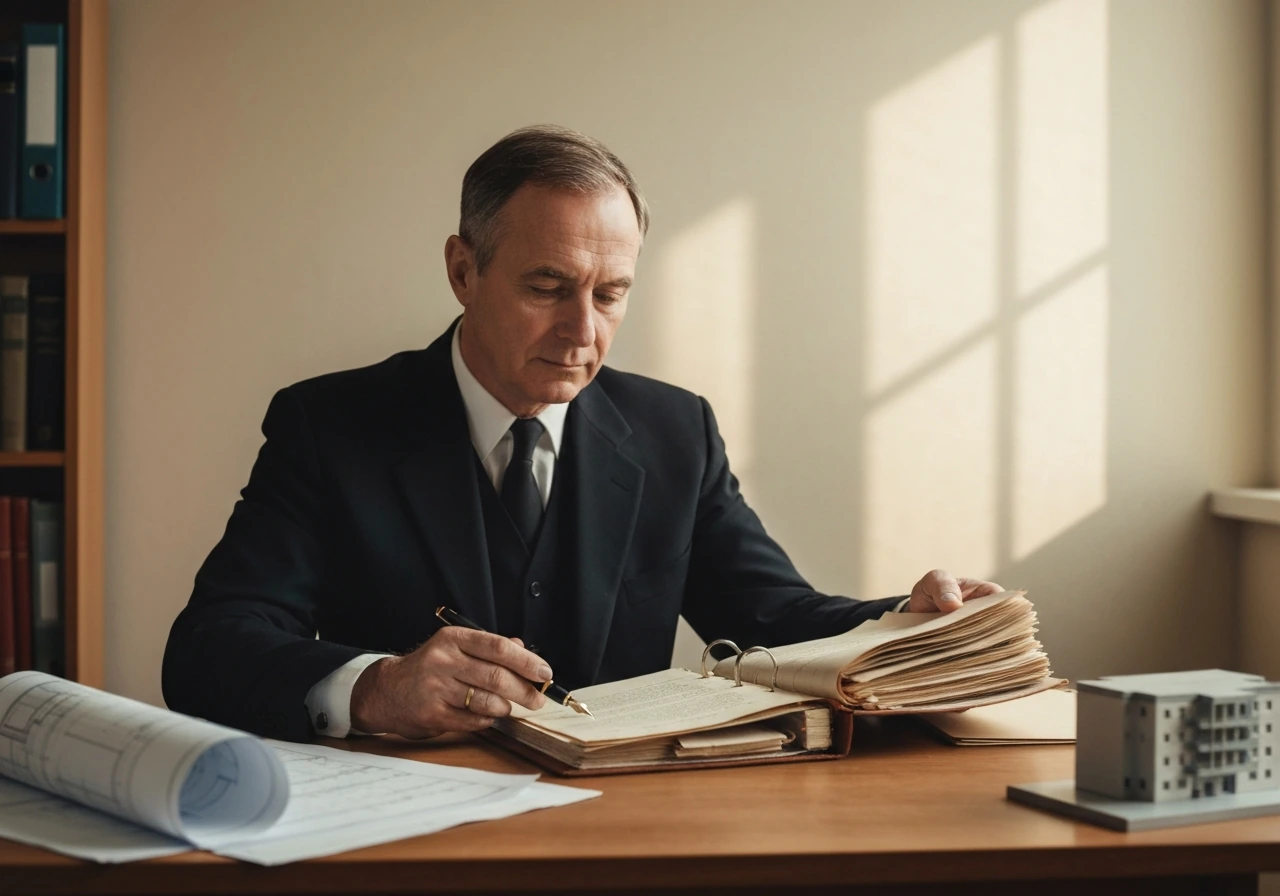 Vintage-style archival photo of a 1960s lawyer in a modest office, helping resolve an identity mix-up