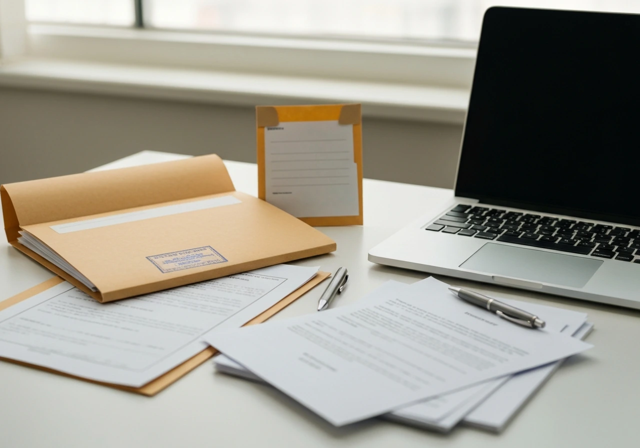 Desk scene with a folder, stamped business documents, and a property record envelope arranged neatly