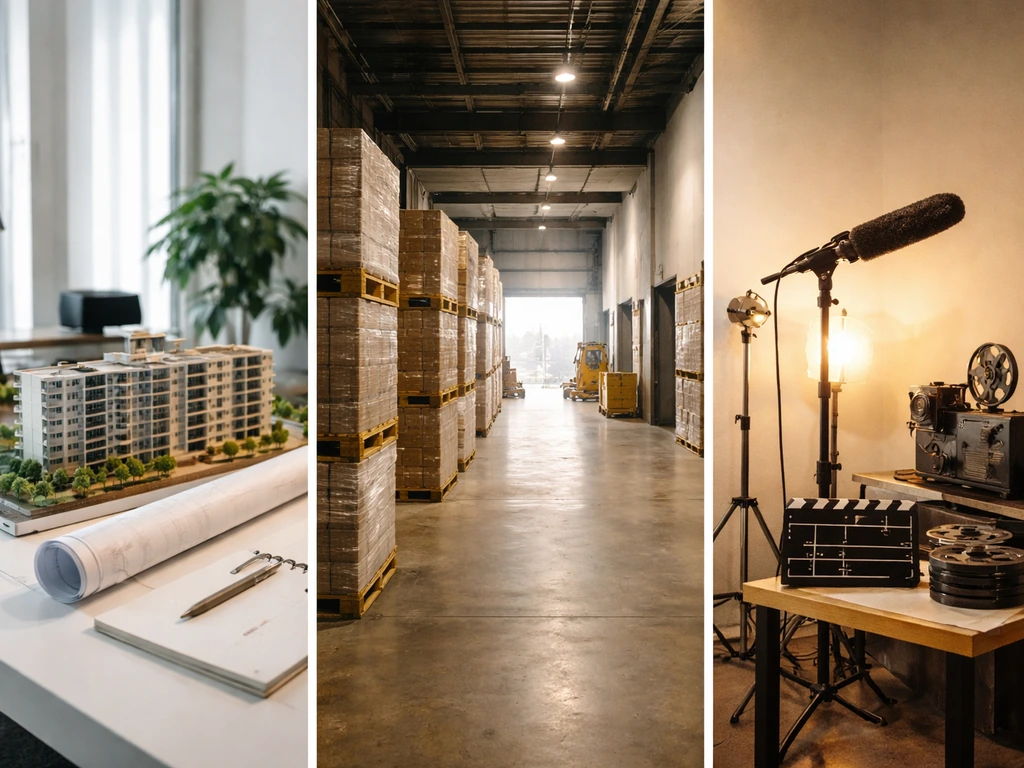 Minimal photo split scene: office architecture, industrial warehouse, and entertainment gear suggesting three wealth eng