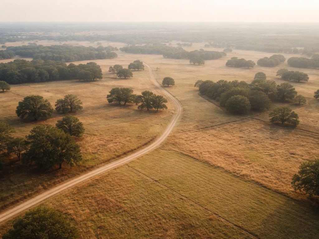 A close-up aerial view of a sprawling East Texas ranch with fields, trees, and a winding dirt road.