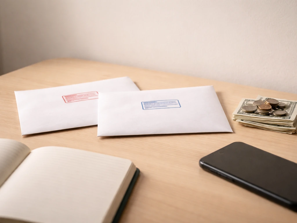 Close-up of a notebook with two different address stamps beside a smartphone and cash—symbol for identity mix-ups