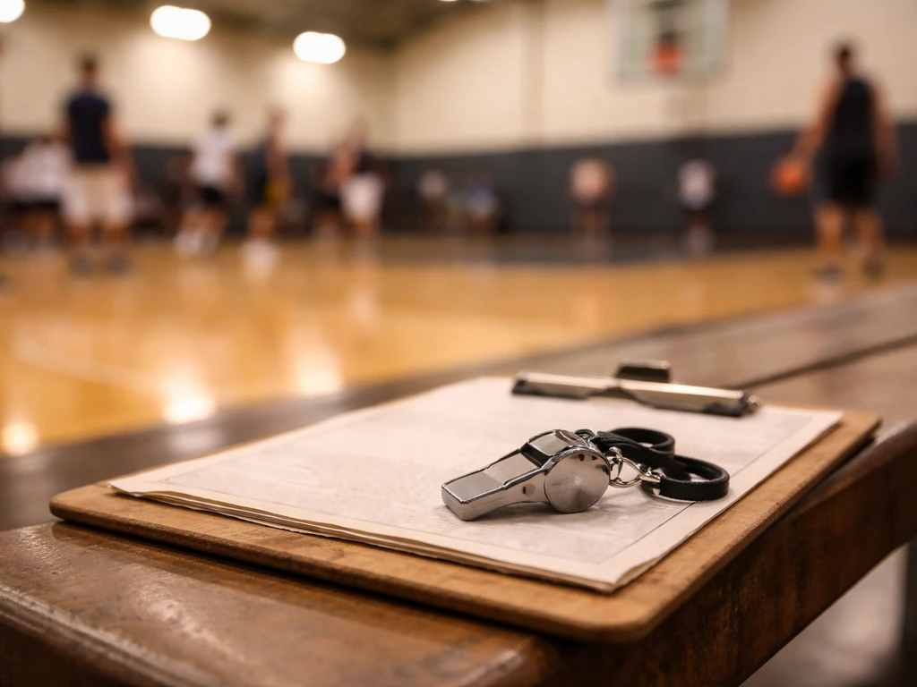 Basketball coach whistle and clipboard beside a gym sideline, suggesting decades of coaching income.