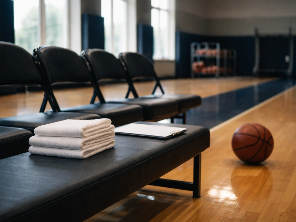 Empty NBA practice bench with equipment in a brightly lit training facility.