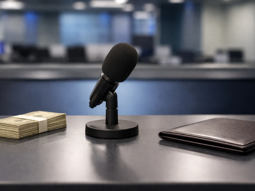 Minimal studio scene with a TV news desk and microphone, evoking a media finance analysis article