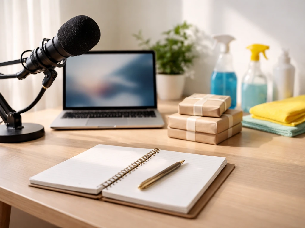 Minimal desk scene with microphone, laptop, and neatly arranged money-like props for a finance/media persona.