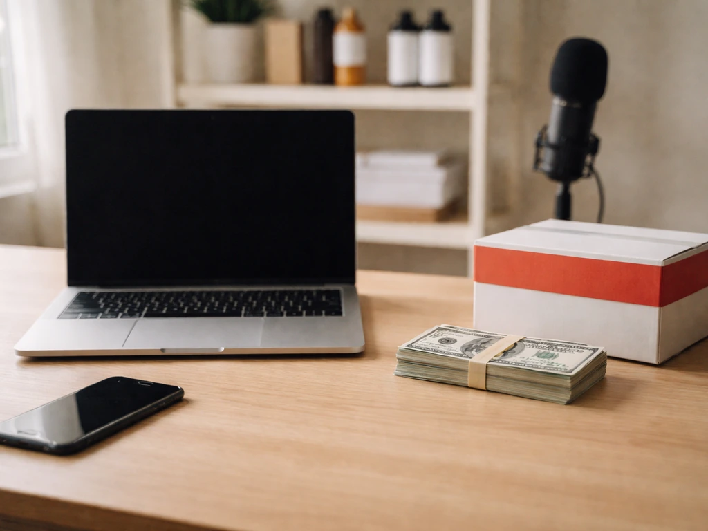 Minimal desk scene with cash, a shipping box, microphone, and generic product bottles suggesting revenue sources.