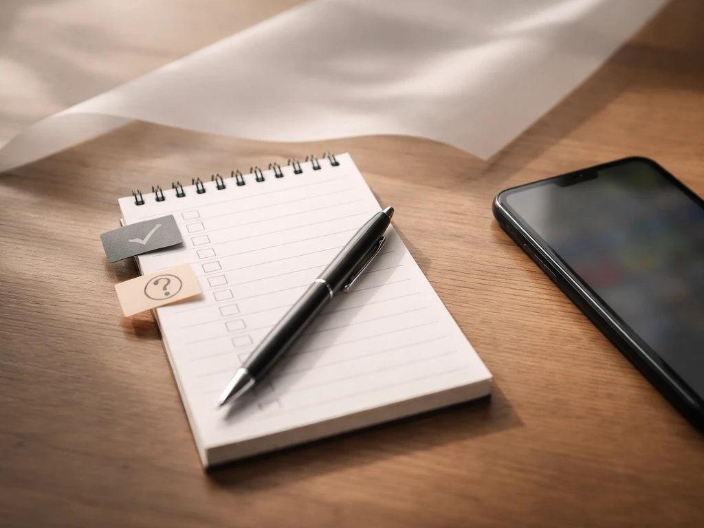Close-up of a handwritten checklist beside a smartphone showing a blurred search result, suggesting verified vs uncertai