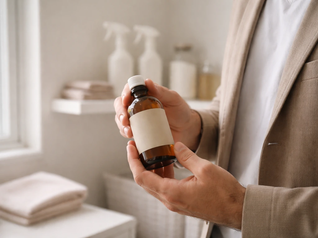 Anonymous hands holding an eco-cleaning bottle in a bright, tidy supply room, suggesting Pure Ayre context.