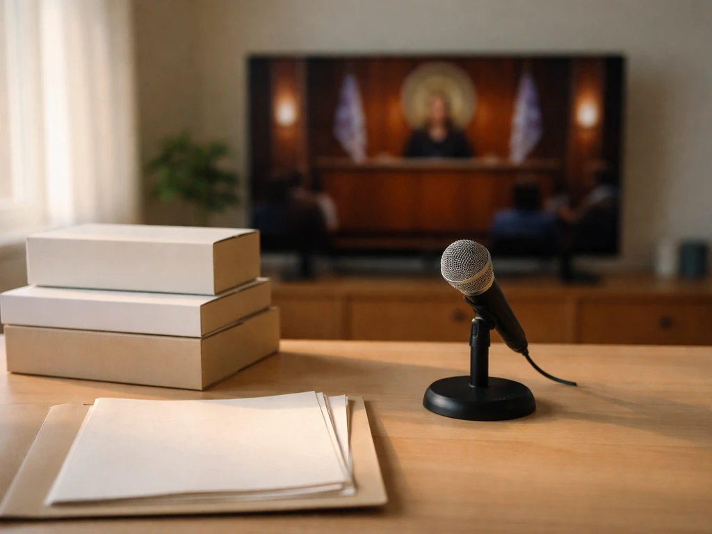 Anonymous entrepreneur desk with microphone and blurred Shark Tank-style TV scene, symbolizing verified revenue coverage