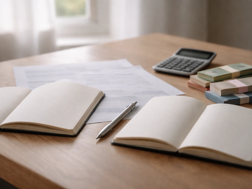 Uncluttered desk with financial papers, calculator, and notebooks side by side under natural light.
