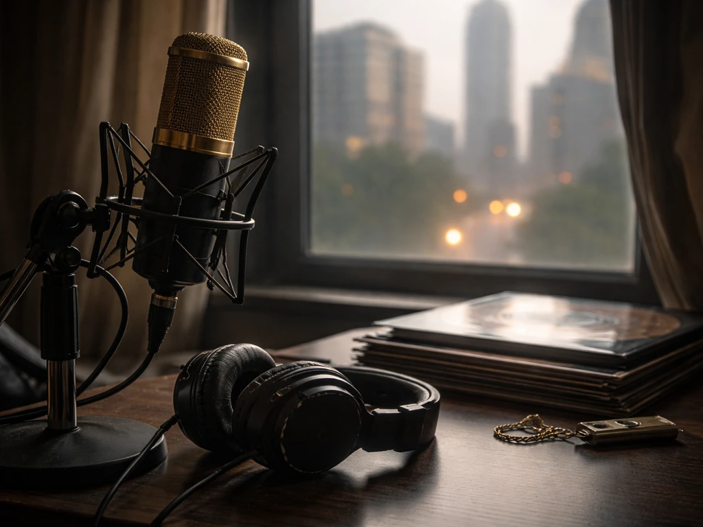 Minimal studio desk with microphone, headphones, and vinyl records near a window, hinting at music and wealth.