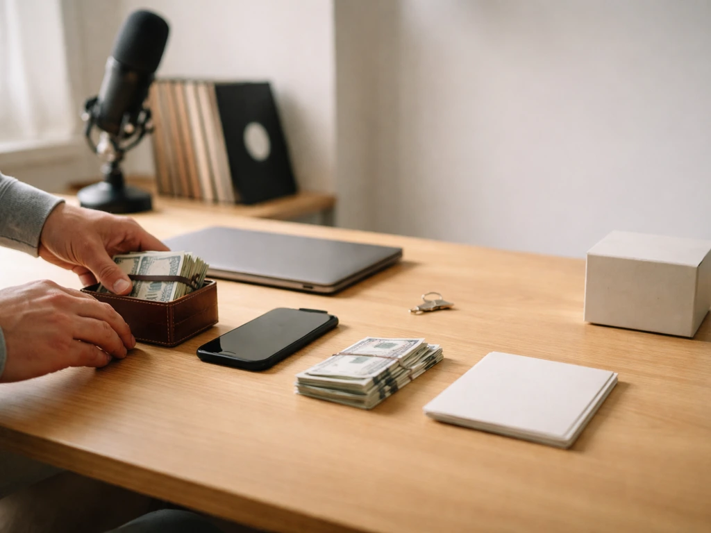 Hands arrange cash, wallet, and studio items on a desk to symbolize assets vs liabilities.