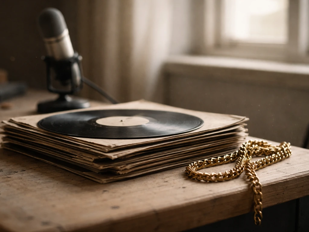 Minimal photo of a studio desk with a worn gold chain and aged vinyl records, symbolizing changing wealth over eras.