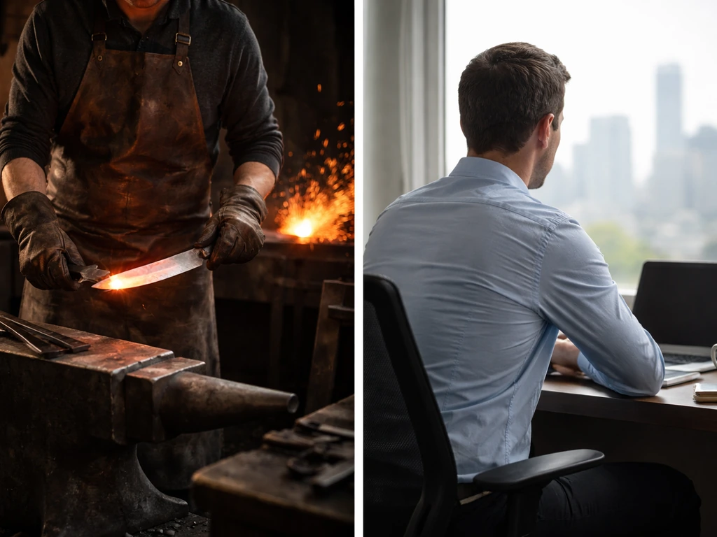 Two-panel montage: anonymous bladesmith in a forge workshop vs an anonymous office desk scene.