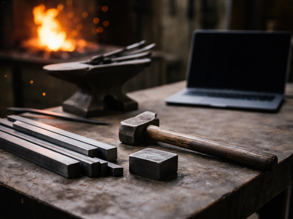 Close-up of a forge-lit workstation with tools and metal stock for an online bladesmithing course