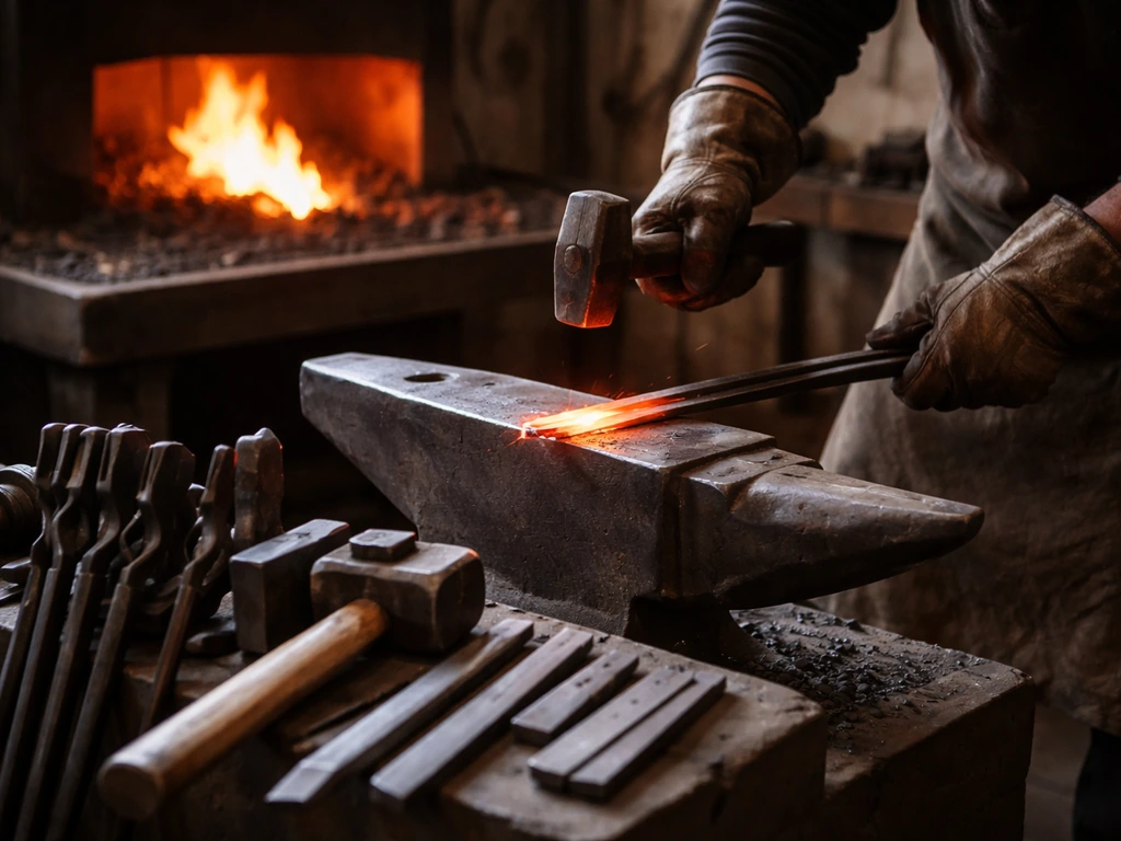 Blacksmith workshop class scene with a forge bench, tools, and glowing hearth in the background