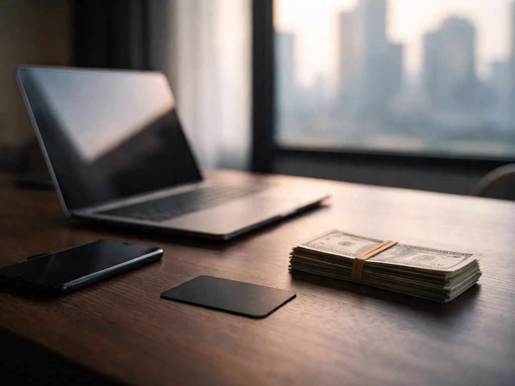 Minimal office desk scene with a laptop and cash-styled props suggesting entrepreneurship and eCommerce.