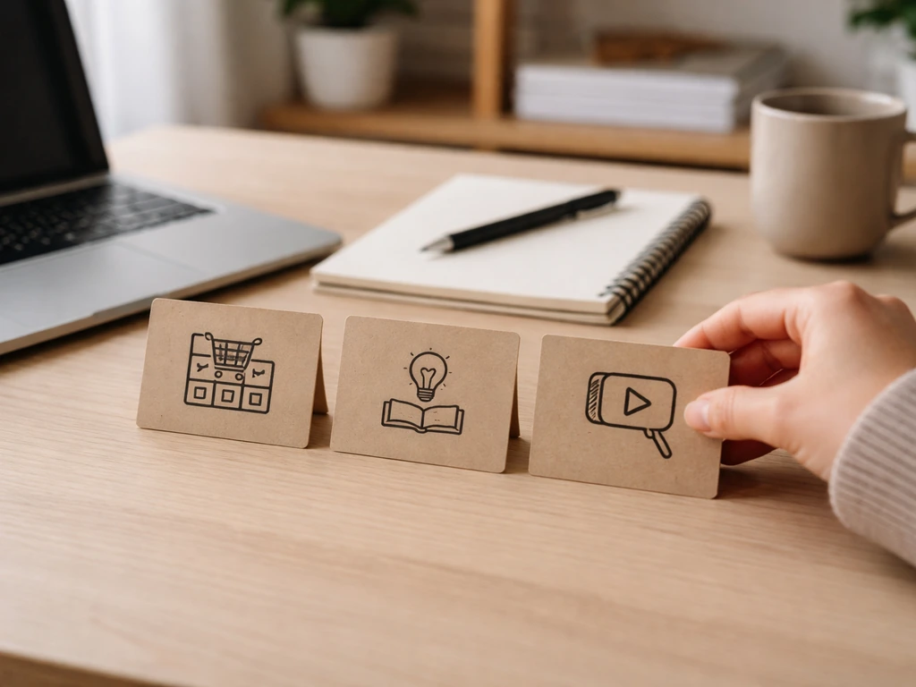 Anonymous hands arranging three blank cards beside laptop, notebook, and phone to suggest income streams.