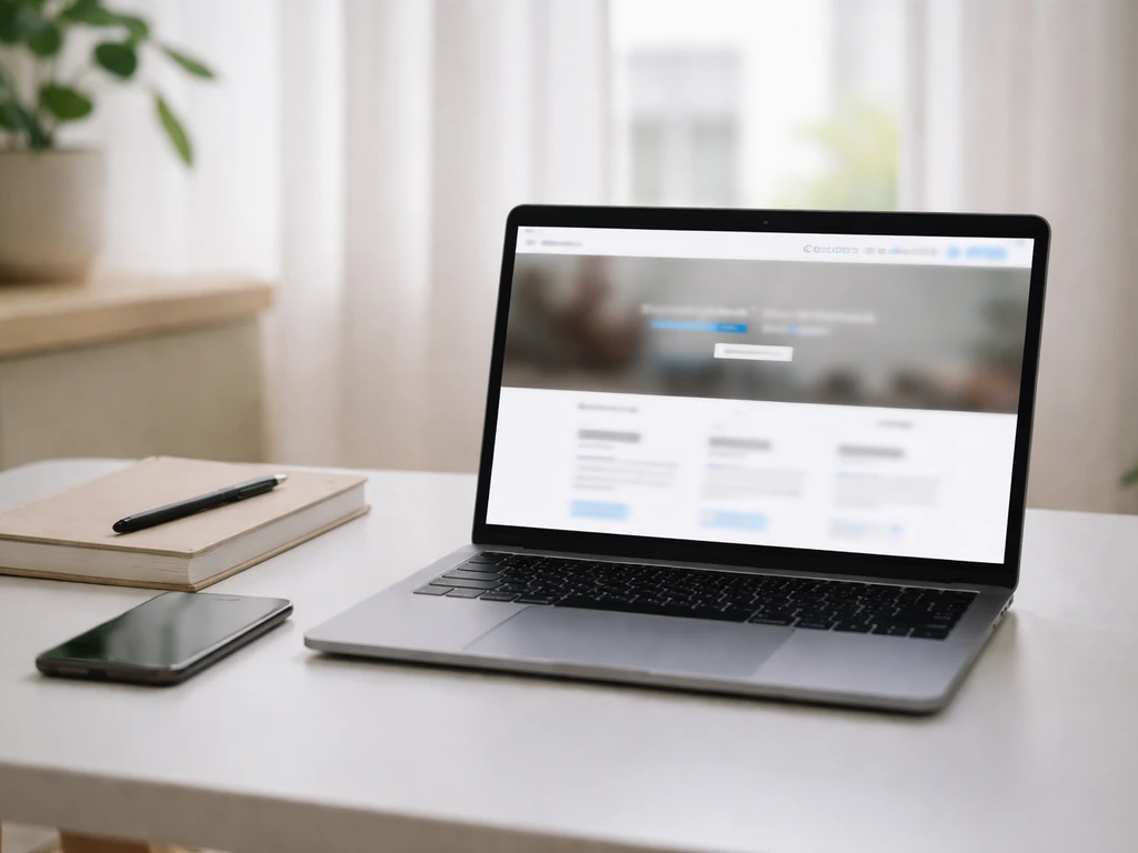 Laptop on a desk displaying a blurred course enrollment page mockup, with notebook and phone nearby.