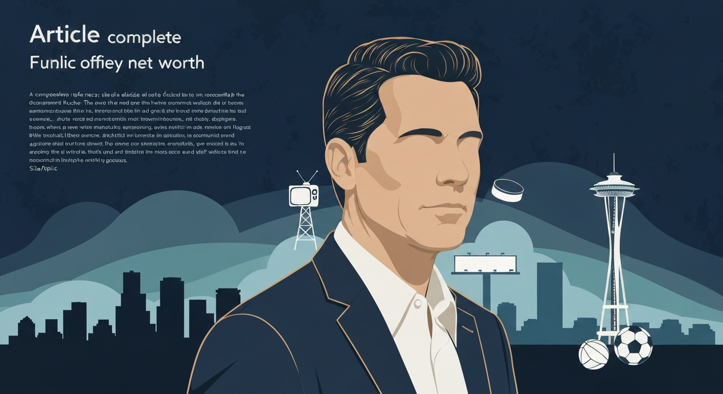 Stylized editorial illustration of an anonymous Seattle family-office investor with media and sports icons over a Seattle skyline.