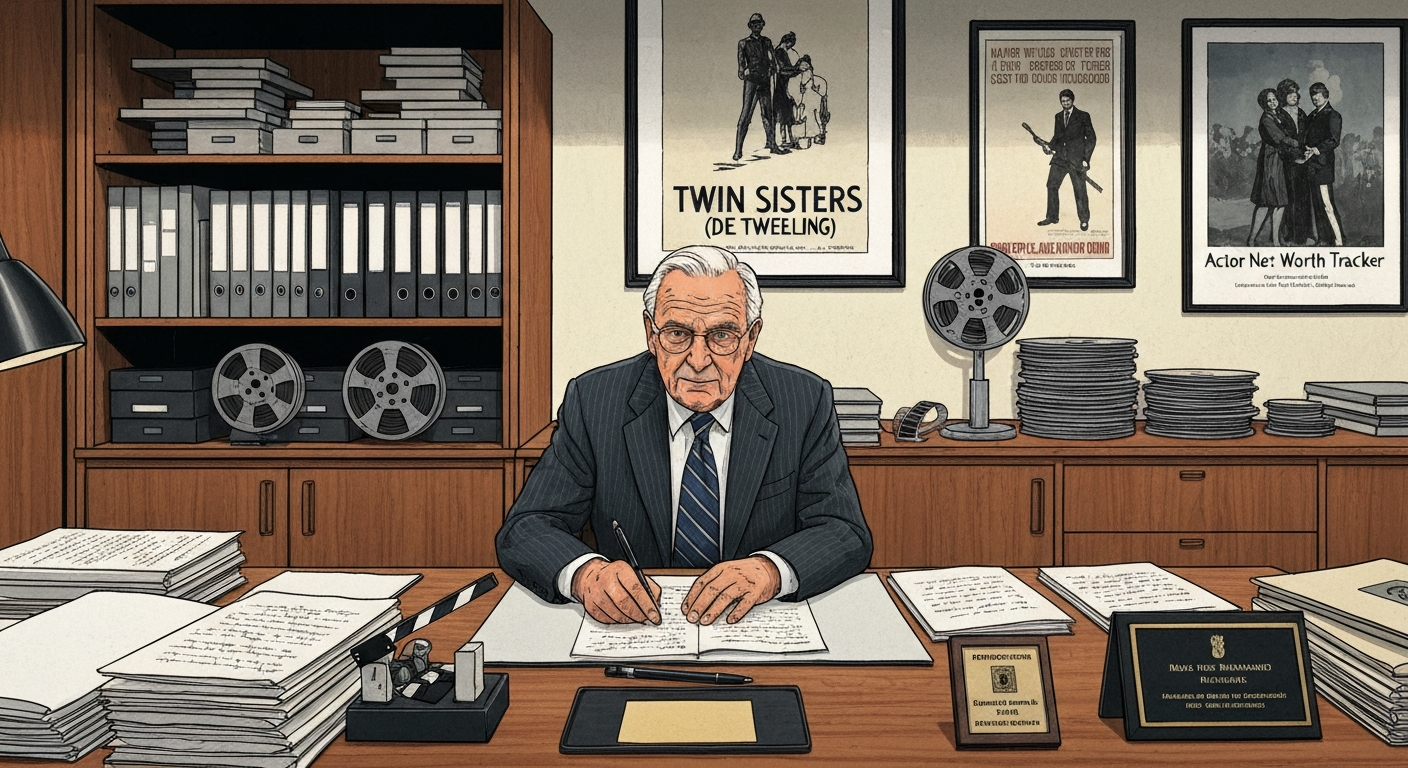 Illustration of a Dutch film producer in an office with film reels, a Twin Sisters poster, and an Academy Award nomination plaque.