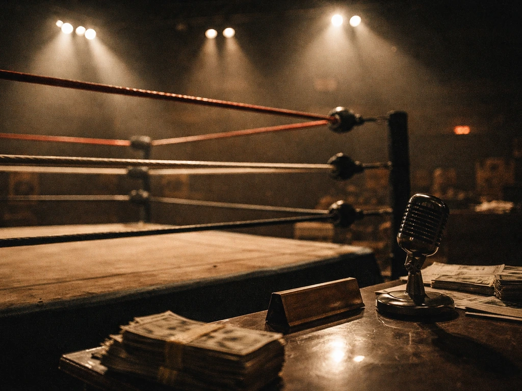 Empty wrestling ring under dramatic spotlights with vintage media props and cash as a wealth symbol