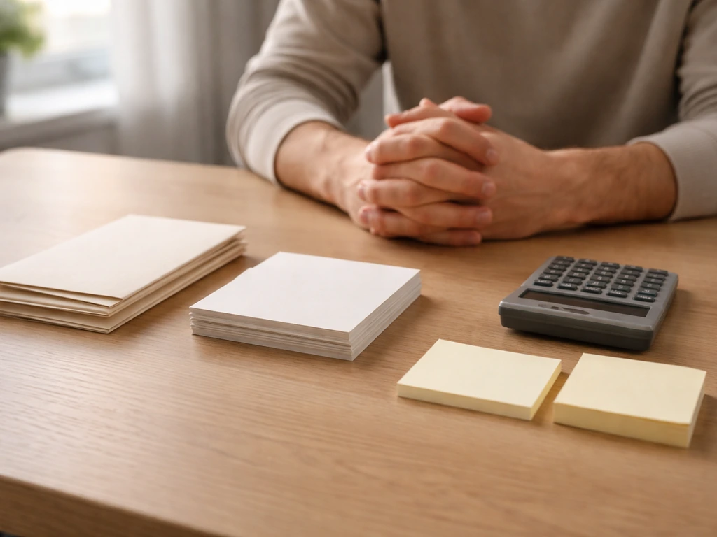 Minimal desk scene with neatly arranged envelopes and a calculator, suggesting an unverified money estimate.