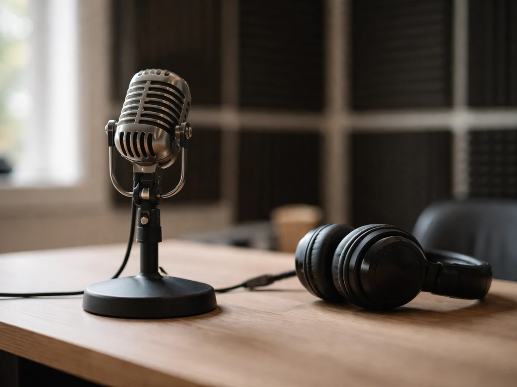 Minimal studio scene with a microphone and music gear, suggesting media and an entertainment career
