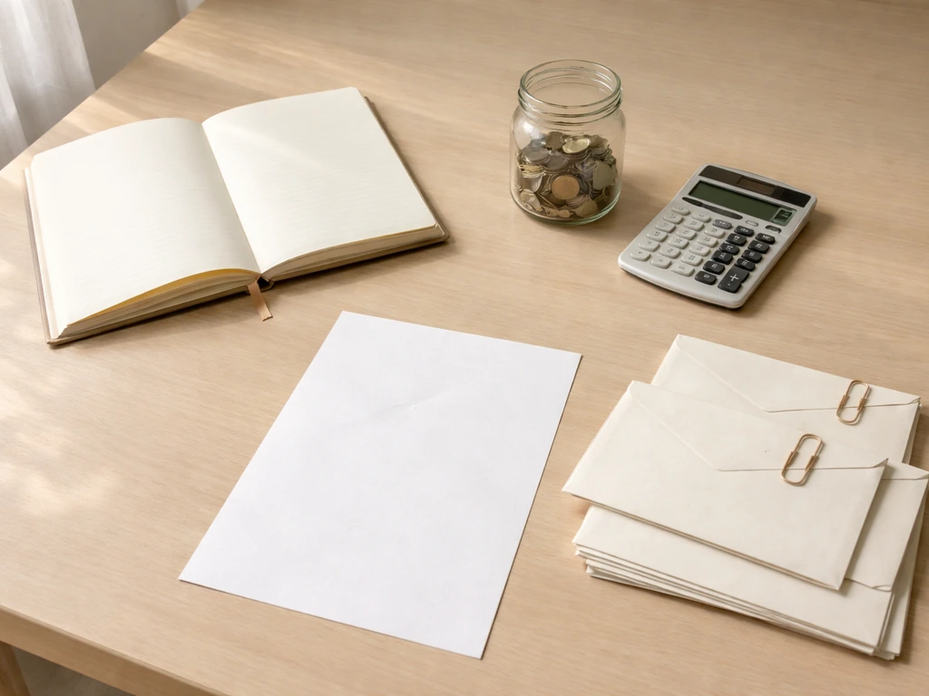 Minimal photo of a desk with a notebook, coins, and a calculator symbolizing net worth calculations
