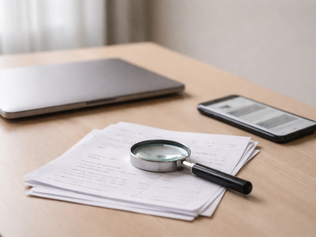 Simple desk scene with scattered papers and a phone showing two anonymous website tabs, symbolizing evaluating conflicti