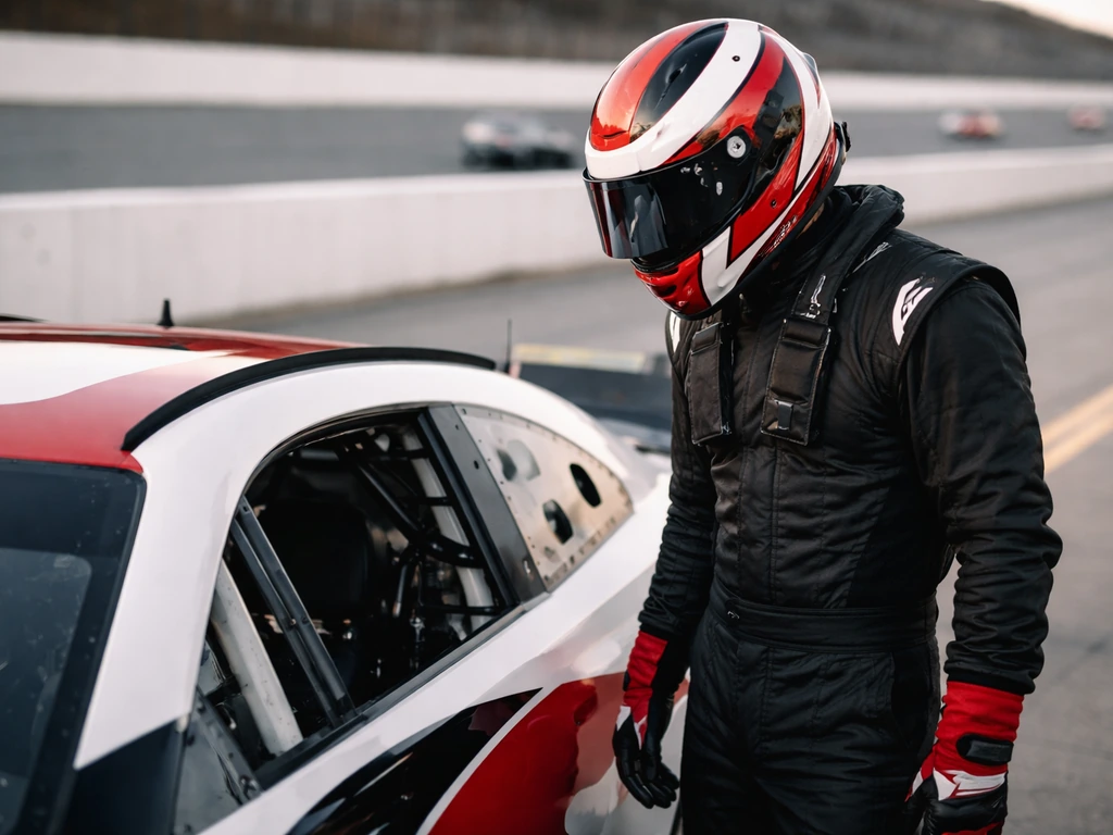 Anonymous NASCAR driver in racing gear beside a stock car in a quiet pit lane.