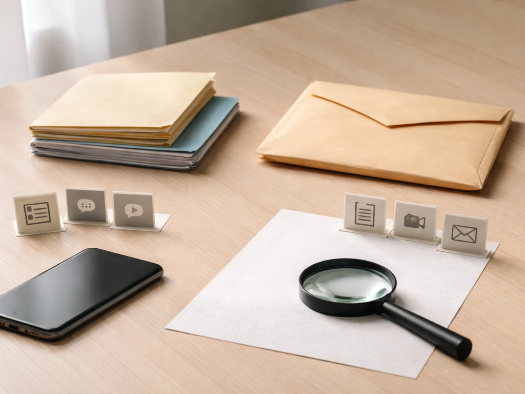 Desk with documents, envelope, magnifying glass, and two icon groups suggesting secondary vs primary sources