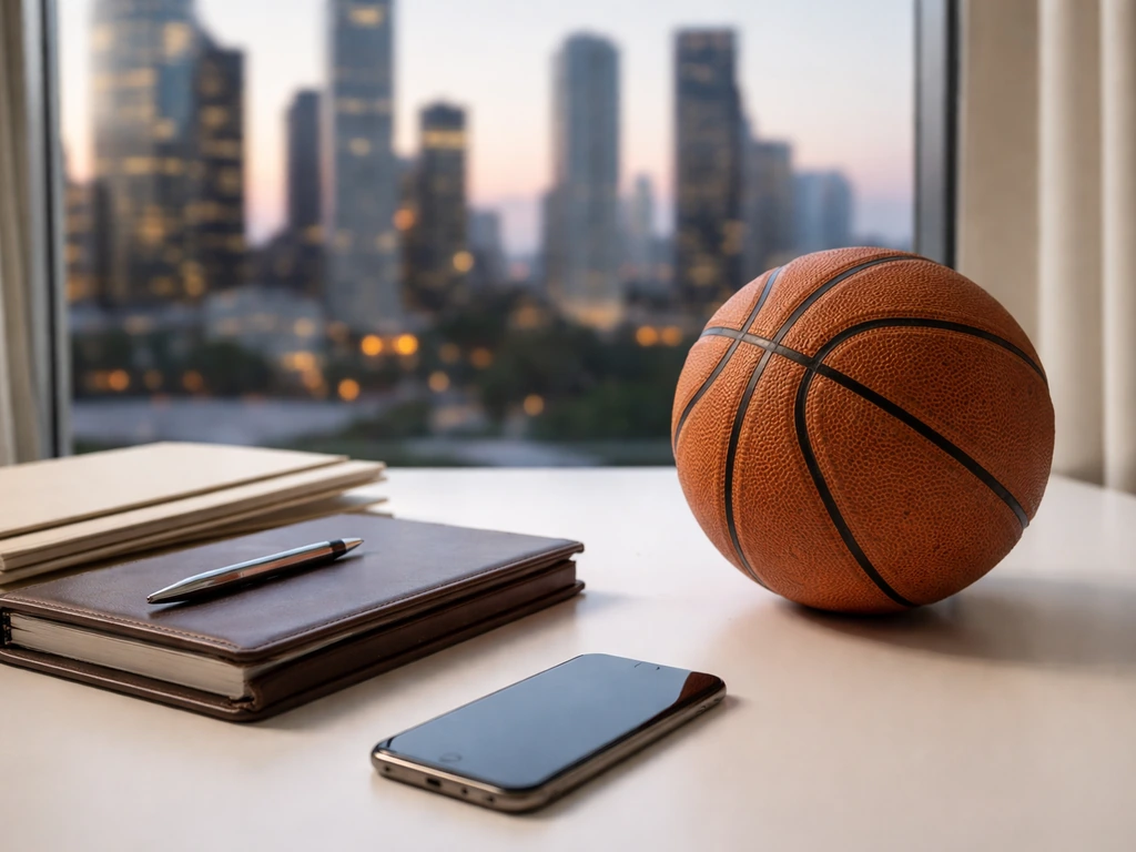 Minimal desk scene with an NBA-themed basketball and a finance ledger symbolizing net worth breakdown