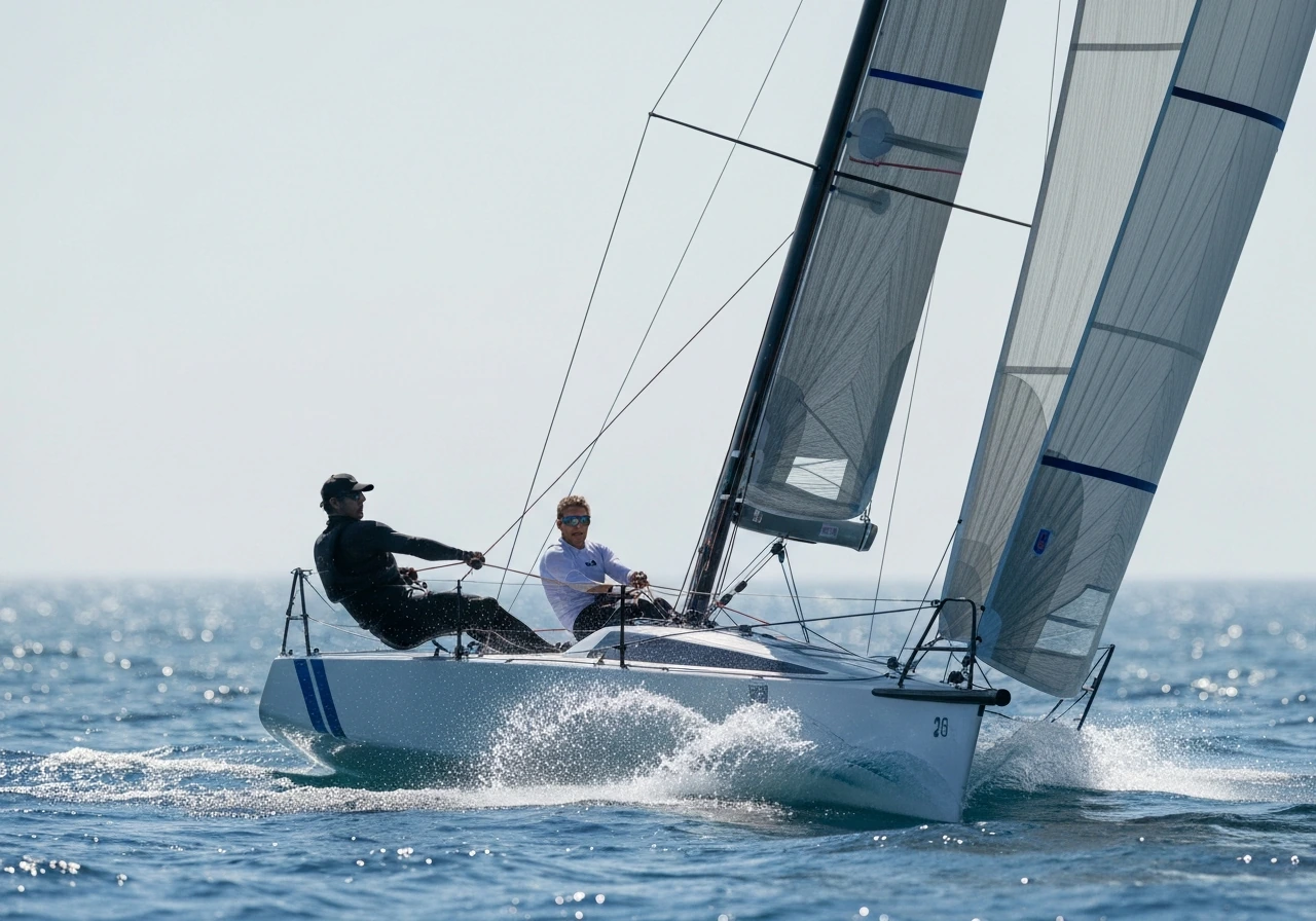 Racing sailboat in motion with sails filled and spray as a solo sailor maneuvers on open water.