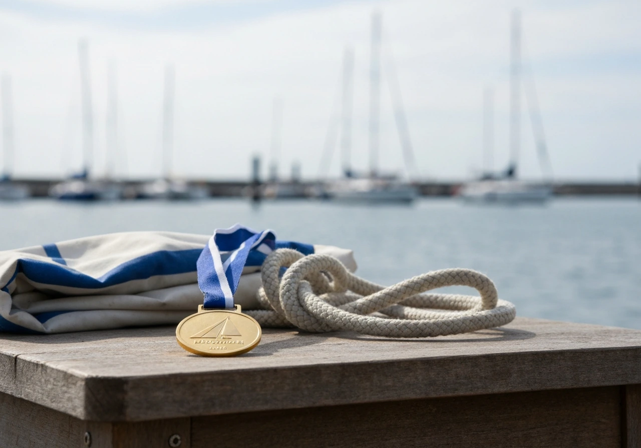 Golden sailing medal lying on a small wooden desk with a blurred harbor background and sailing gear nearby.