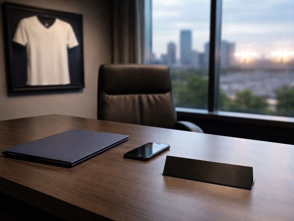 Minimal sports franchise office desk with blank nameplate and window skyline glow, symbolizing business equity.