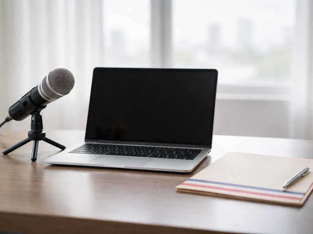 Minimal office scene with a laptop, campaign-style microphone, and U.S.-themed folder symbolizing political strategy and