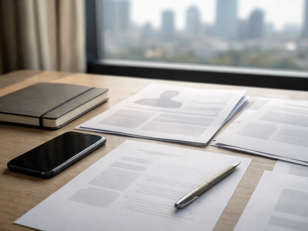 Minimal photo of a campaign strategy desk with a phone, notebook, and blurred city background.
