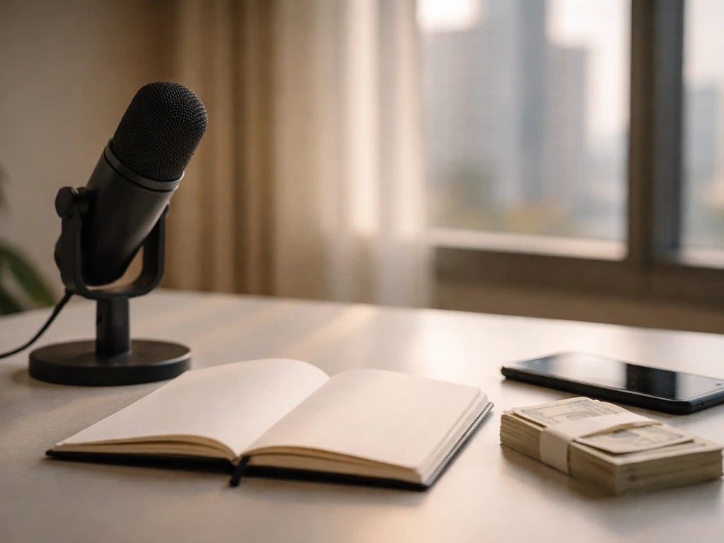 Minimal desk scene with a microphone, blank notebook, and money symbols in a bright office.