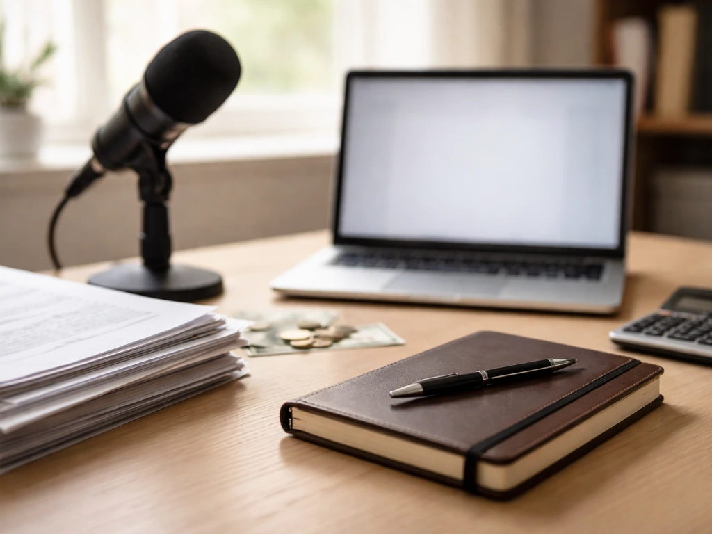 Minimal desk scene with laptop, microphone, documents, coins, and calculator suggesting income sources.